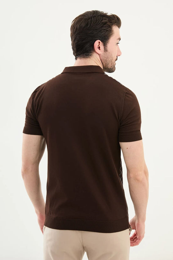 Criss Cross Dark Brown Zip Polo Shirt