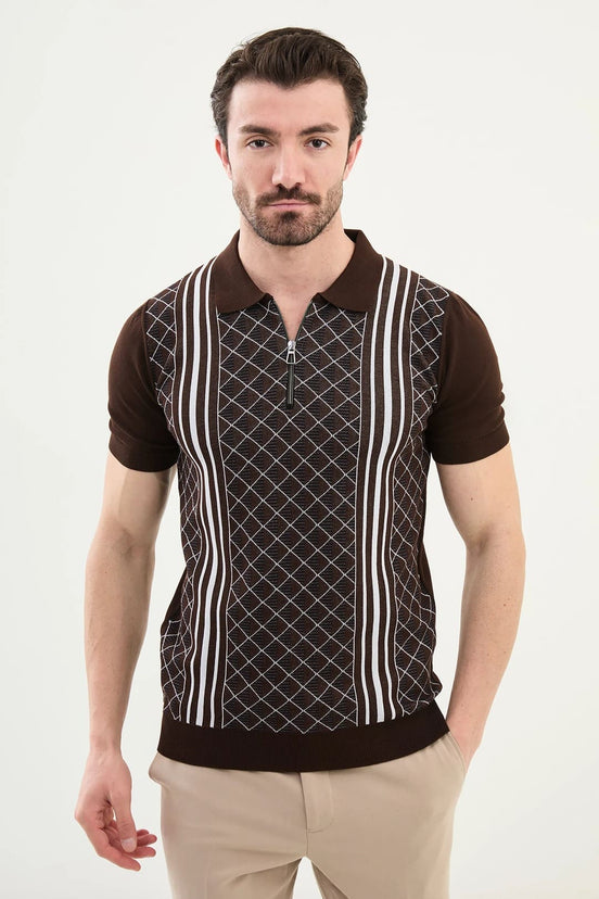 Criss Cross Dark Brown Zip Polo Shirt