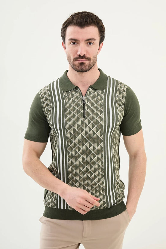 Criss Cross Green Zip Polo Shirt