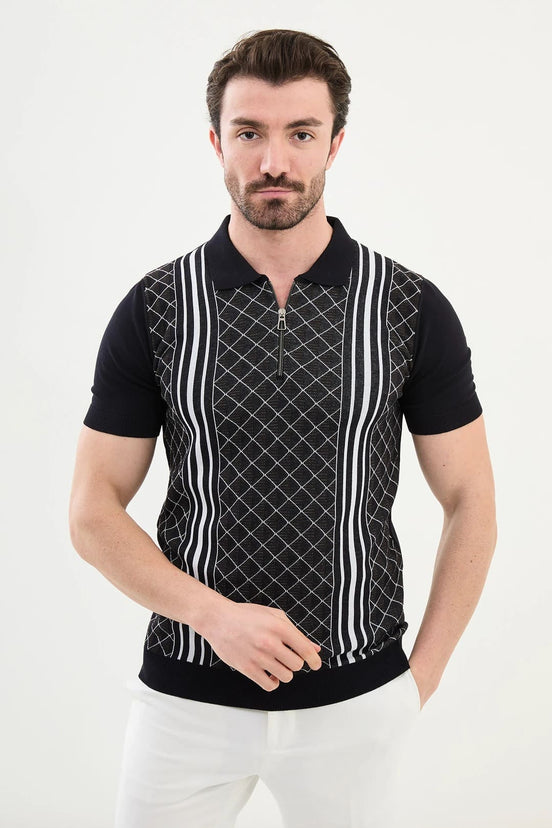 Criss Cross Navy Zip Polo Shirt