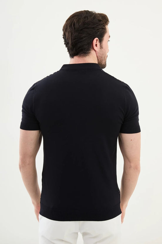 Criss Cross Navy Zip Polo Shirt