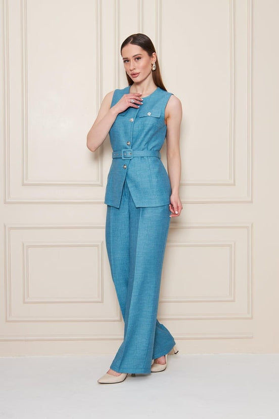 Embossed Linen Women Blue Suit