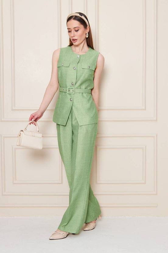 Embossed Linen Women Green Suit