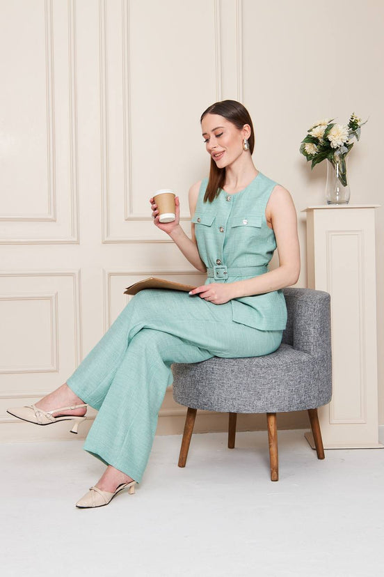 Embossed Linen Women Sage Green Suit