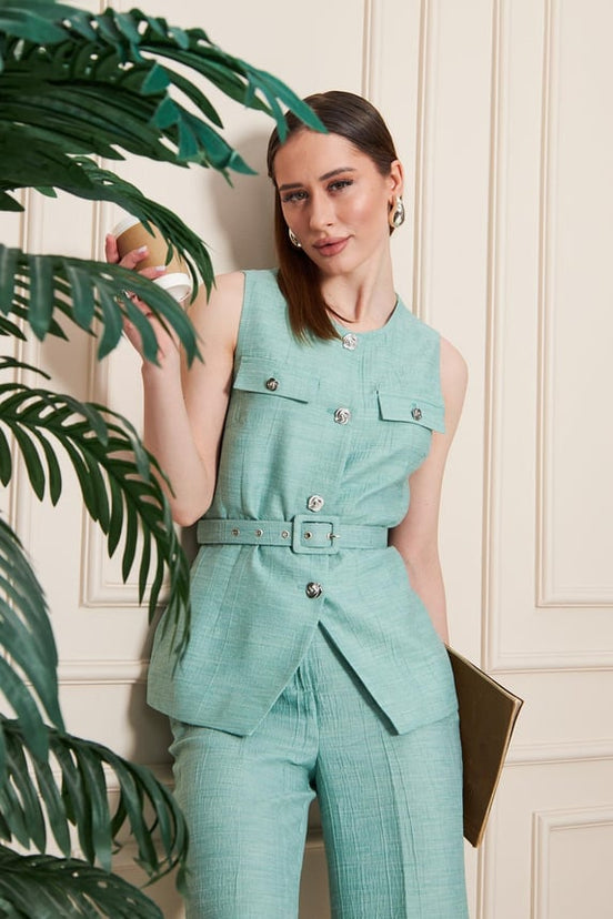 Embossed Linen Women Sage Green Suit