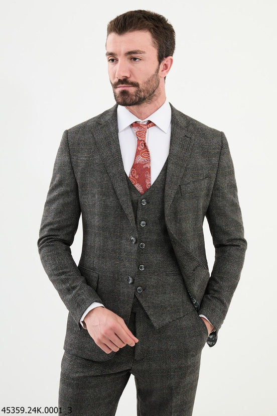 Ames Black 3 Piece Glen Check Wool Suit