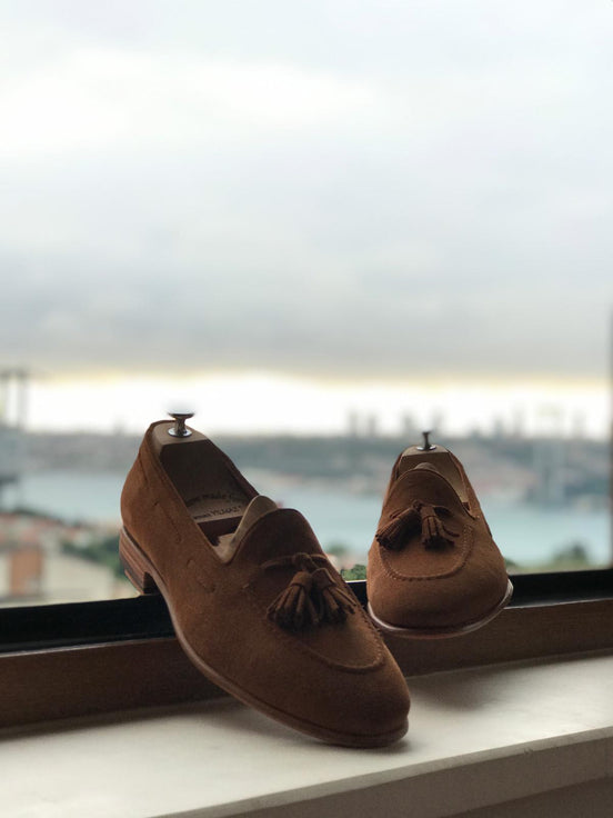 Elko Suede Leather Brown Tassel Loafers