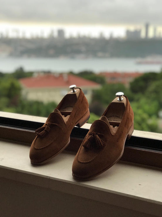 Elko Suede Leather Brown Tassel Loafers