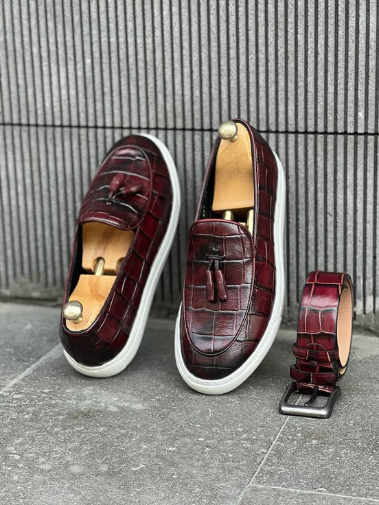 GentWith Laughlin Burgundy Crocodile Pattern Slip Ons