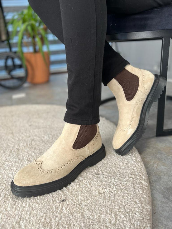 Lawton Beige Wing Tip Suede Chelsea Boots