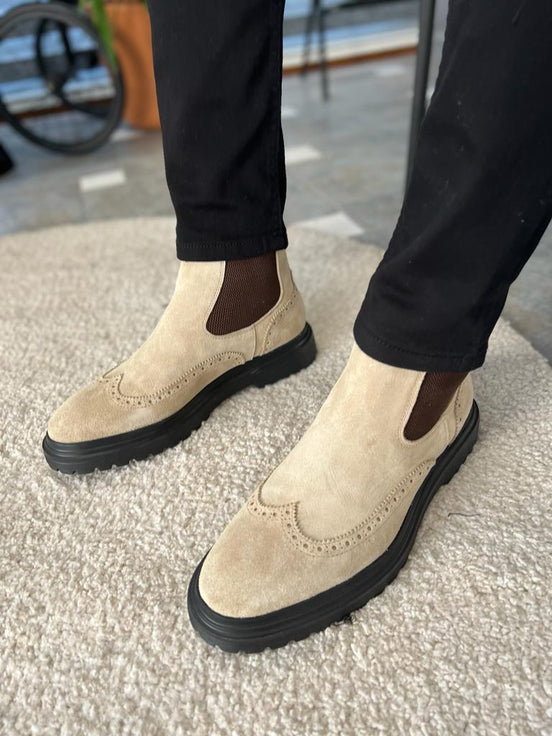 Lawton Beige Wing Tip Suede Chelsea Boots