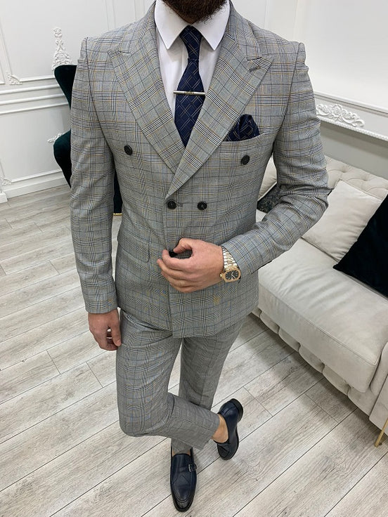 Miami Yellow Gray Slim Fit Double Breasted Plaid Suit
