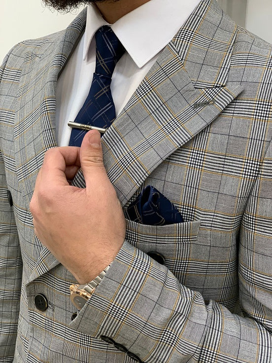 Miami Yellow Gray Slim Fit Double Breasted Plaid Suit
