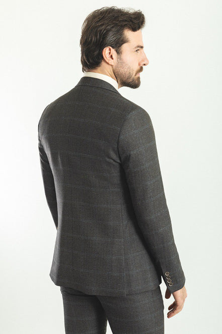 Mitchell Coffee Blue Slim Fit Notch Lapel 3 Piece Check Plaid Suit