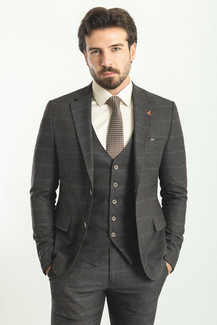 Mitchell Coffee Blue Slim Fit Notch Lapel 3 Piece Check Plaid Suit