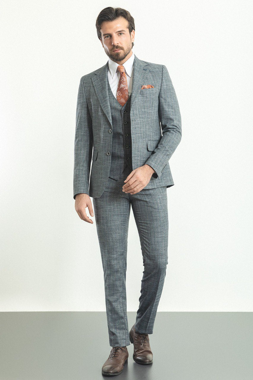 Mitchell Navy Blue Slim Fit Notch Lapel 3 Piece Crosshatch Suit