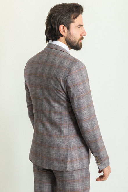 Mitchell Burgundy Slim Fit Notch Lapel 3 Piece Crosshatch Plaid Suit