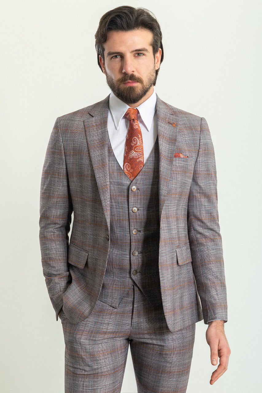 Mitchell Burgundy Slim Fit Notch Lapel 3 Piece Crosshatch Plaid Suit