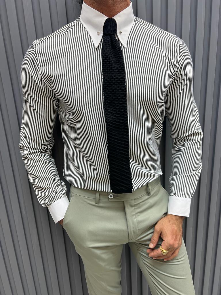 GentWith Pierre Gray Slim Fit Long Sleeve Striped Cotton Shirt