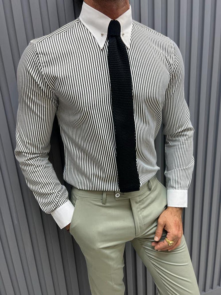 GentWith Pierre Gray Slim Fit Long Sleeve Striped Cotton Shirt