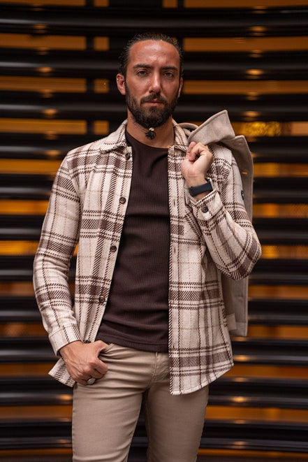 Rapid Beige Brown Slim Fit Long Sleeve Plaid Shirt