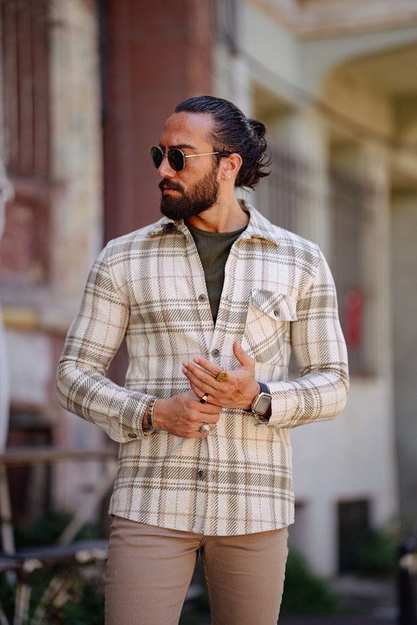 Rapid Beige Green Slim Fit Long Sleeve Plaid Shirt