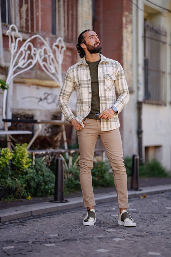 Rapid Beige Green Slim Fit Long Sleeve Plaid Shirt