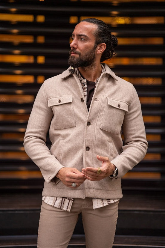 Rapid Slim Fit Double Pocket Beige Wool Coat