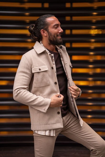 Rapid Slim Fit Double Pocket Beige Wool Coat