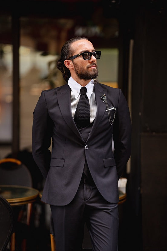 Rapid Black Slim Fit Peak Lapel 3 Piece Wool Suit