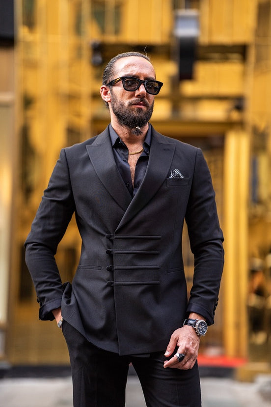 Rapid Black Slim Fit Peak Lapel Double Breasted Suit