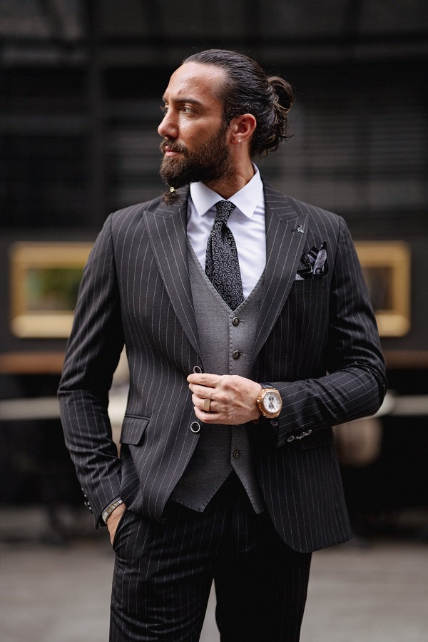 Rapid Black Slim Fit Pinstripe Combination Suit