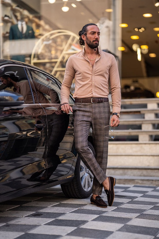 Rapid Slim Fit Textured Beige Cotton Shirt