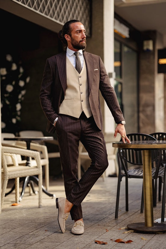 GentWith Rapid Brown Slim Fit Pinstripe Combination Suit