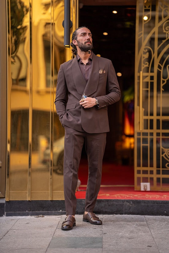 GentWith Rapid Brown Slim Fit Shawl Lapel 2 Piece Suit