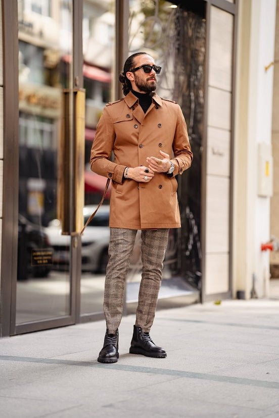 Rapid Camel Slim Fit Double Breasted Long Coat