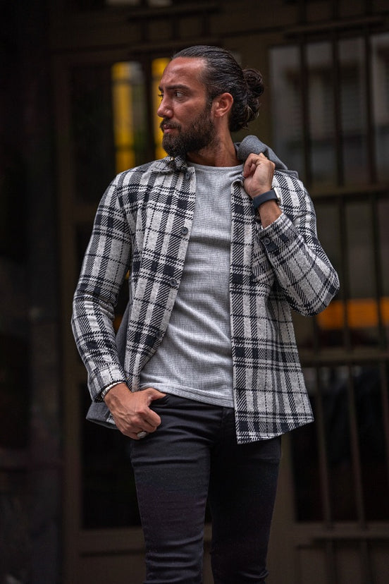 Rapid Gray Black Slim Fit Long Sleeve Plaid Shirt