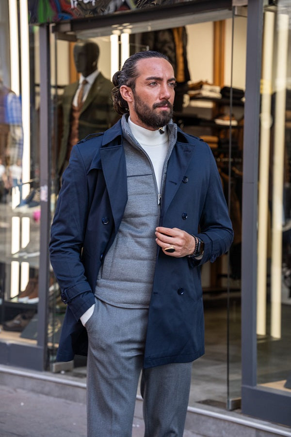 Rapid Navy Blue Slim Fit Double Breasted Long Coat