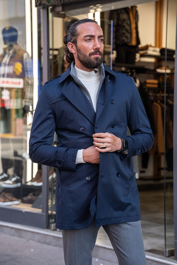 Rapid Navy Blue Slim Fit Double Breasted Long Coat