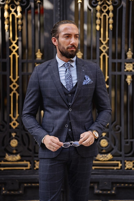 Rapid Navy Blue Slim Fit Notch Lapel 3 Piece Check Suit