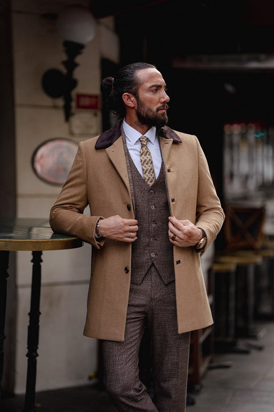Rapid Camel Slim Fit Single Breasted Long Wool Coat