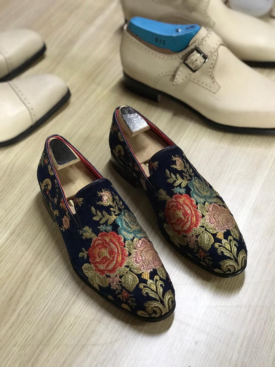 Sparks Suede Embroidered Navy Blue Loafers