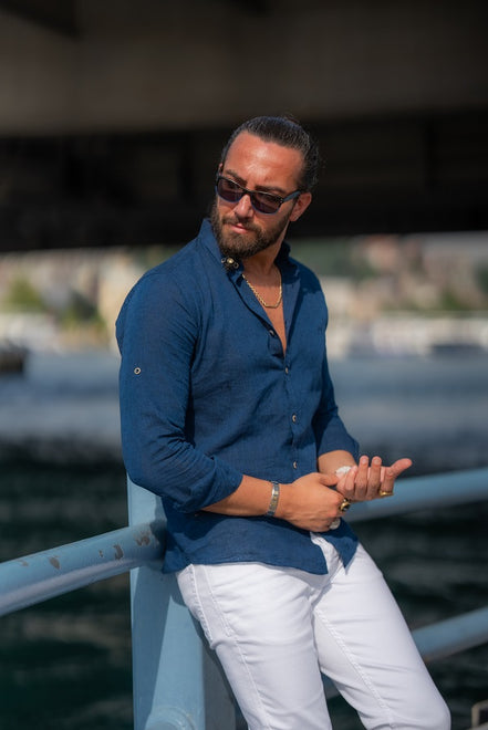 Sturgis Navy Blue Slim Fit Crosshatch Casual Shirt