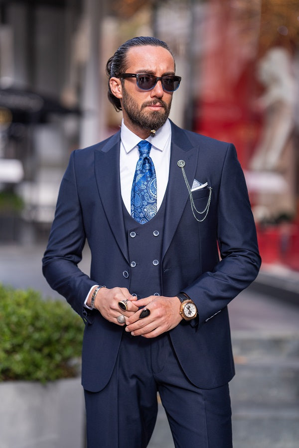 Sturgis Navy Blue Slim Fit Peak Lapel 3 Piece Suit
