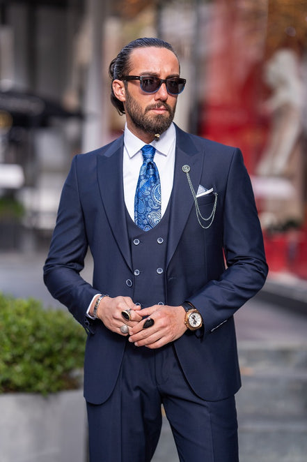 Sturgis Navy Blue Slim Fit Peak Lapel 3 Piece Suit