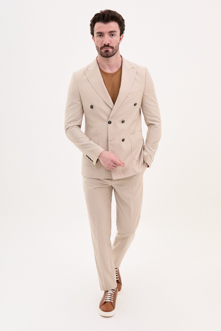 GentWith Tea Beige Slim Fit Double Breasted Suit