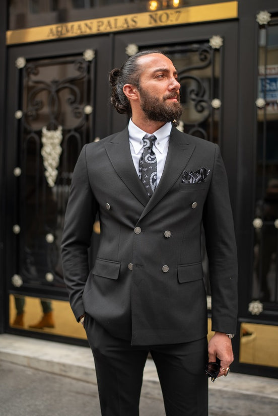 GentWith Tea Black Slim Fit 2 Piece Double Breasted Suit