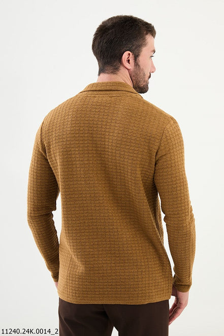 GentWith Tea Notch Collar Double Pocket Knit Camel Cardigan