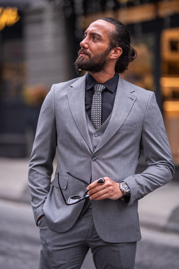 Tea Light Gray Slim Fit Notch Lapel 3 Piece Suit