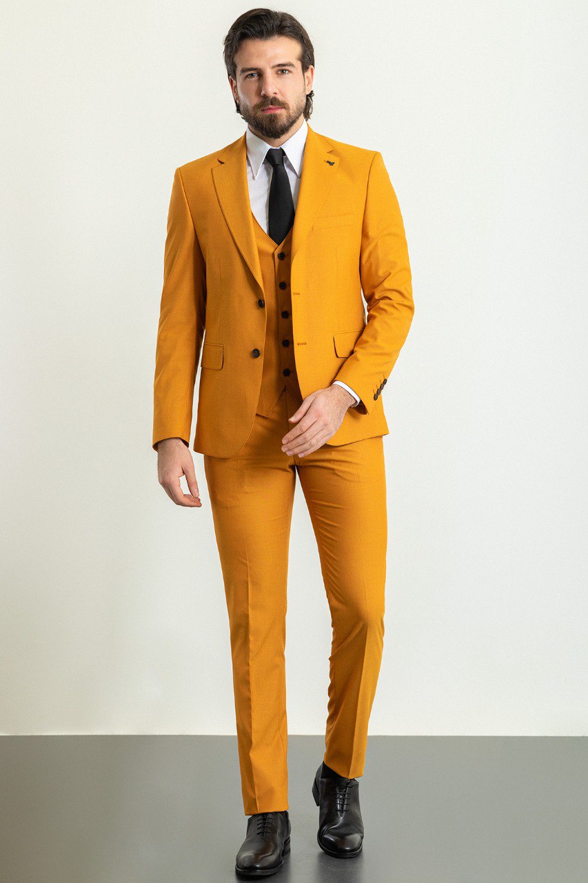Tea Slim Fit Notch Lapel 3 Piece Mustard Suit